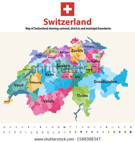 Switzerland vector map showing cantonal, districts and municipal boundaries. Map colored by cantons and inside each canton by distrcts. Flag of Switzerland. Navigation and location icons