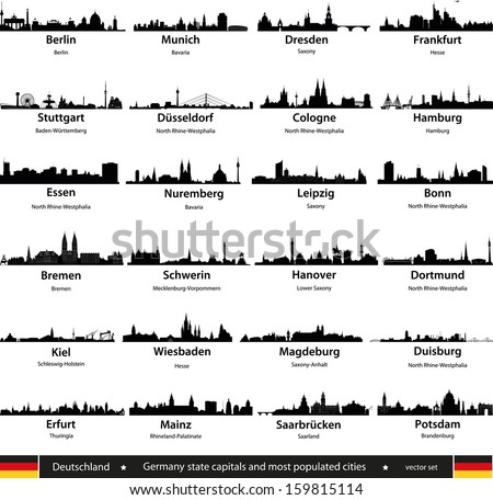 Germany largest cities skylines and state capitals vector set