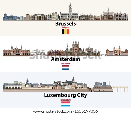 Skylines illustrations of Brussels, Amsterdam, Luxembourg City. Flags of Benelux countries: Belgium, Netherlands, Luxembourg. Vector set