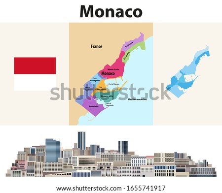 Monaco wards map with neighbouring territories. Cityscape of Monte Carlo, Monaco. Vector illustration