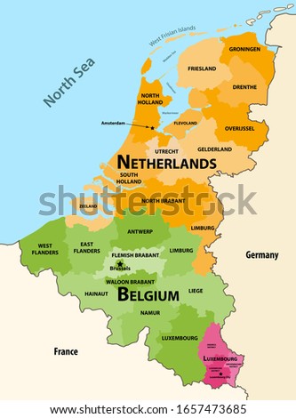 Benelux countries vector regions map: Belgium, Netherlands and Luxembourg, with neighbouring countries and territories