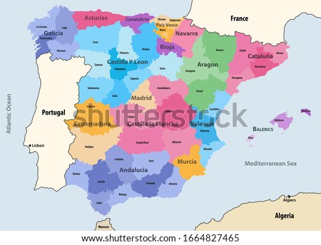 Spain autonomous communities and provinces vector map with neighbouring countries and territories