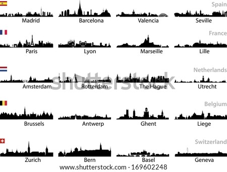 European cities skylines silhouettes vector set