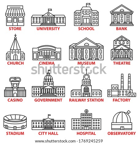 Government buildings icons set. Vector isolated outline illustrations