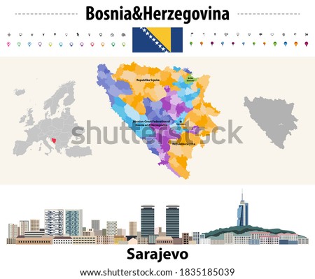 Bosnia and Herzegovina municipalities vector map. Sarajevo cityscape. Flag of Bosnia and Herzegovina