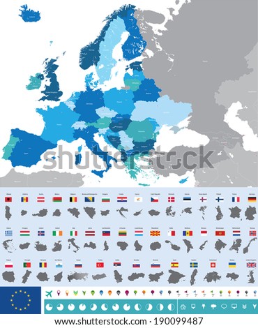 Europe high detailed map. European flags and country maps. Vector set