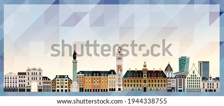 Lille skyline vector colorful poster on beautiful triangular texture background