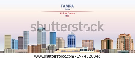 Tampa cityscape on sunset sky background vector illustration with country and city name and with flag of United States