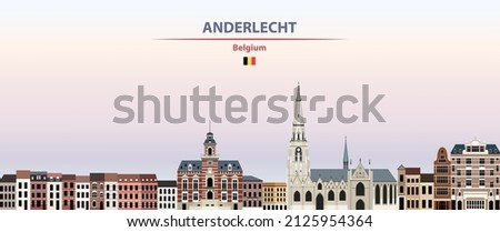 Anderlecht cityscape on sunset sky background vector illustration with country and city name and with flag of Belgium