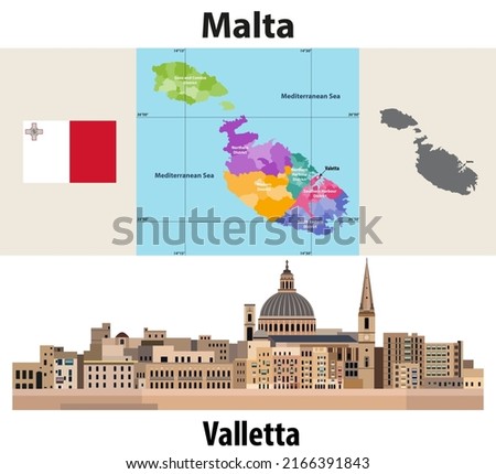 Malta administrative divisions map. Flag of Malta. Flat style cityscape of Valletta. Vector illustration