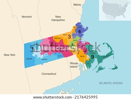 Massachusetts state counties colored by congressional districts vector map with neighbouring states and terrotories Сток-фото © 