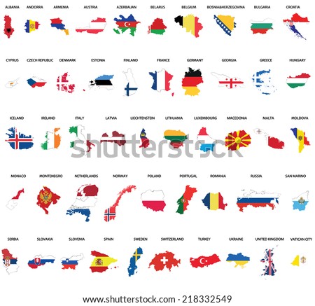 European country maps combination with flags