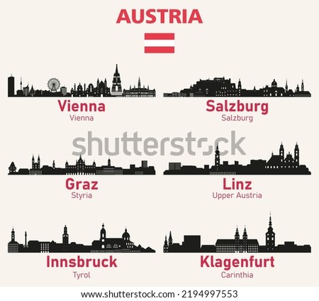 Austria cities skylines silhouettes vector set