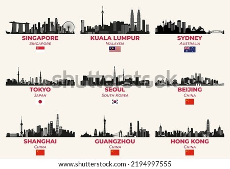 Asian cities skylines silhouettes vector set