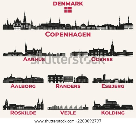 Denmark cities skylines silhouettes vector set