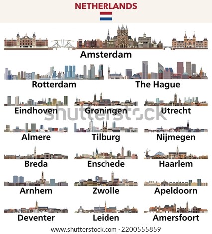 Netherlands cities skylines vector illustrations set