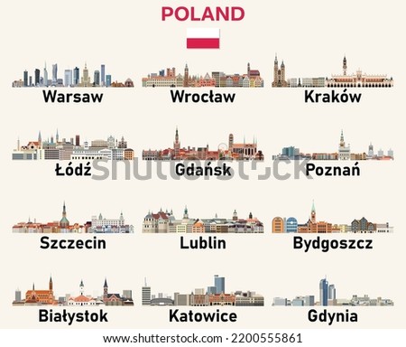 Poland cities skylines vector illustrations set