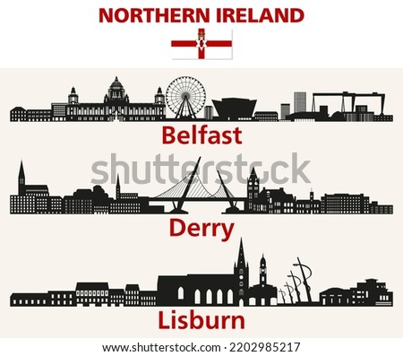 Northern Ireland cities skylines silhouettes vector set