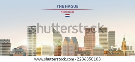 The Hague cityscape on sunrise sky background with bright sunshine. Vector illustration