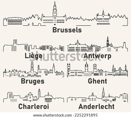 Belgium cities outline skylines vector set