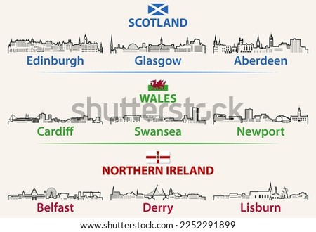 Scotland, Wales and Northern Ireland cities outline skylines vector set