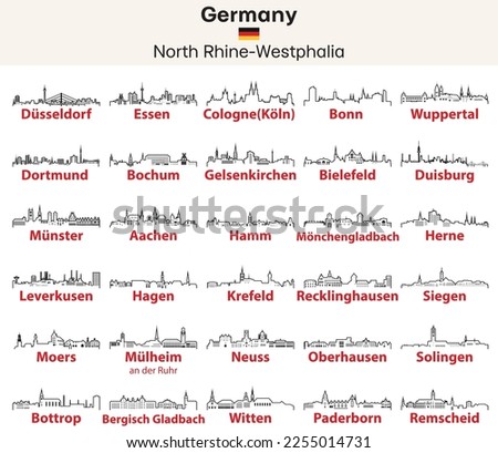 North Rhine-Westphalia (state (land) in Western Germany) cities outline skylines vector set