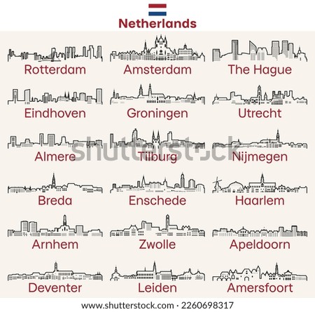 Netherlands cities outline skylines vector set