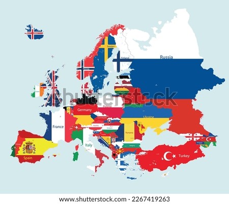 Europe map with countries flags incorporated inside countries contours. Flat style vector illustration. All elements separated in detachable and editable layers