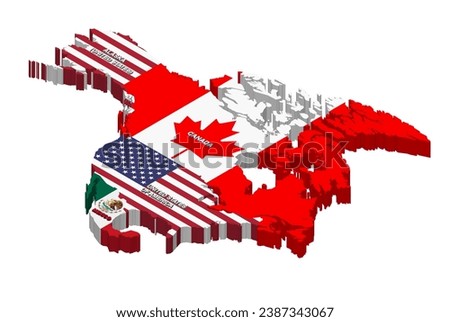 United States, Canada and Mexico vector isometric map combined with national flags