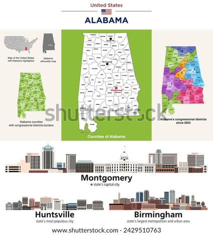 Alabama counties map and congressional districts in 2023-2025 map. Skylines of Montgomery (state's capital city), Huntsville and Birmingham(state's  largest cities). Vector set