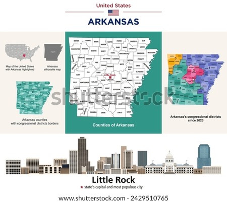 Arkansas counties map and congressional districts since 2023 map. Little Rock skyline (state's capital and most populous city). Vector set