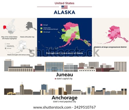 Alaska's boroughs and census areas map and at-large congressional district map. Skylines of Juneau (state's capital city) and Anchorage (state's  most populous city). Vector set