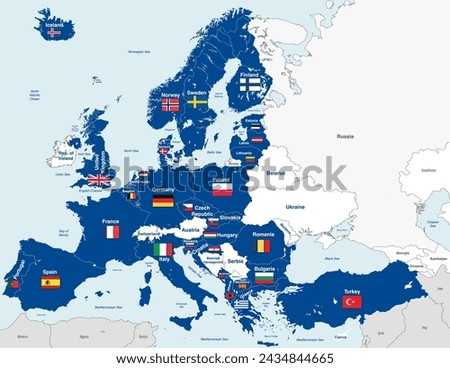 European member states of NATO (North Atlantic Treaty Organization). The new NATO members map which valid from 2024 and includes Finland and Sweden. Vector illustration