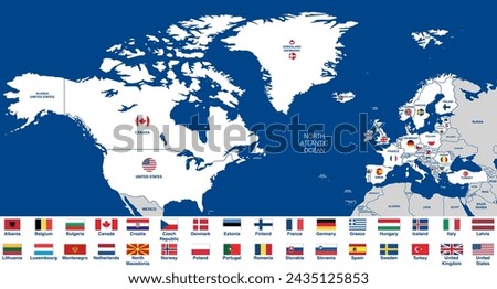 Member states of NATO (North Atlantic Treaty Organization) with all flags arranged in alphabet order. Vector illustration