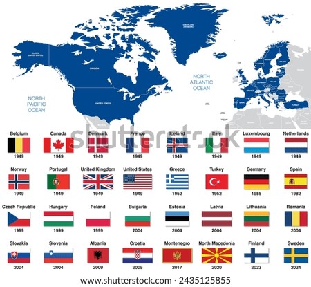 Member states of NATO (North Atlantic Treaty Organization) with all flags arranged by year of accession vector map. The new NATO members map which valid from 2024 and includes Finland and Sweden.