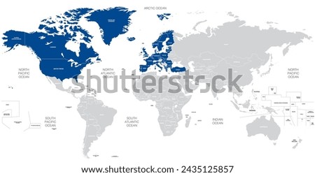 Member states of NATO (North Atlantic Treaty Organization) on the world map. The new NATO members map which valid from 2024 and includes Finland and Sweden. Vector illustration