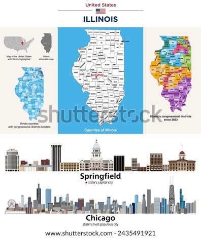 Illinois counties map and congressional districts since 2023 map. State's capital city (Springfield) and state's  largest city (Chicago) skylines. Vector set