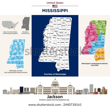 Mississippi counties map and congressional districts since 2023 map. Jackson skyline (state's capital and most populous city). Vector set