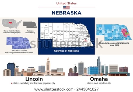 Nebraska counties map and congressional districts since 2023 map. Lincoln (state's capital city) and Omaha (state's most populous city) skylines. Vector set