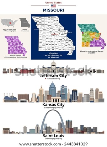 Missouri counties map and congressional districts since 2023 map. Jefferson City (state's capital city), Kansas City and St. Louis(state's most populous cities) skylines. Vector set