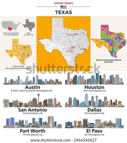 Texas counties map and congressional districts since 2023 map. Austin, Houston, San Antonio, Dallas, Fort Worth and El Paso cities skylines. Vector set