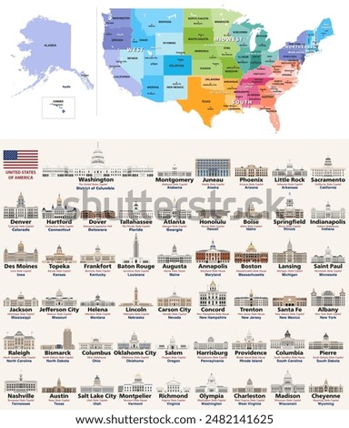 Map of the United States with regions, divisions and all state capitals on it. All state capitols of the United States. Detailed vector isolated icons of all capitol buildings. Vector set