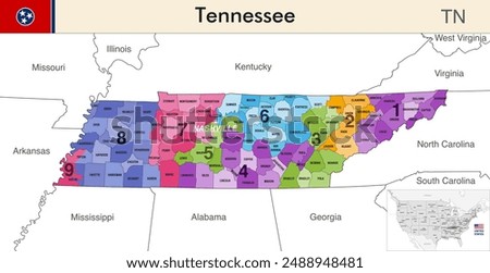 Tennessee state map with counties borders and colored congressional districts boundaries due to The 2020 United States census and which is valid since 2023. Flag of Tennessee. Vector