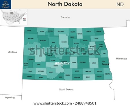 North Dakota state map with counties borders. North Dakota's at-large congressional district. Flag of North Dakota. Vector