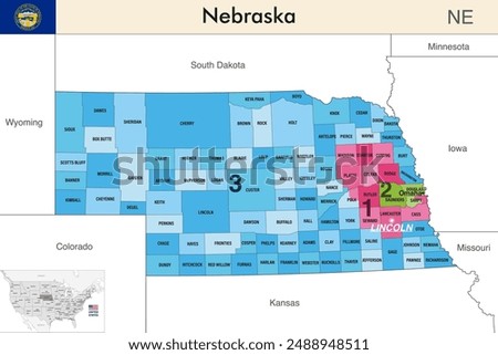 Nebraska state map with counties borders and colored congressional districts boundaries due to The 2020 United States census and which is valid since 2023. Flag of Nebraska. Vector