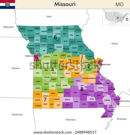 Missouri state map with counties borders and colored congressional districts boundaries due to The 2020 United States census and which is valid since 2023. Flag of Missouri. Vector