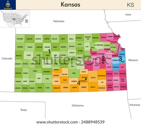 Kansas state map with counties borders and colored congressional districts boundaries due to The 2020 United States census and which is valid since 2023. Flag of Kansas. Vector