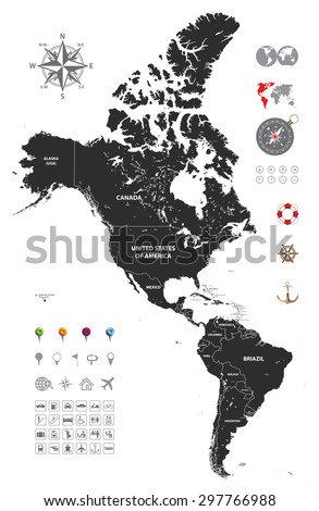 vector high detailed political map of America continent with navigation, location and travel icons