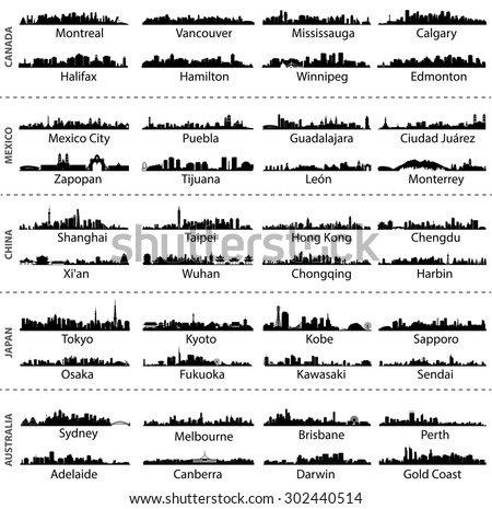 Canada, Mexico, China, Japan and Australia cities isolated skylines vector set