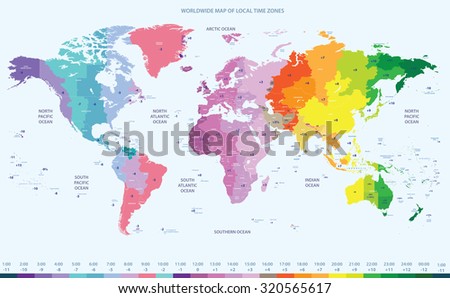 color worldwide vector map of local time zones
